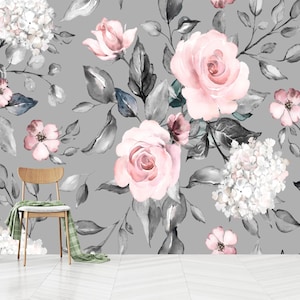 Carta da parati floreale rosa pastello, fiori romantici su sfondo grigio tenue, carta da parati in vinile, autoadesiva, staccabile e attaccabile, tessuto non tessuto