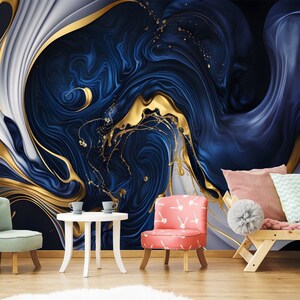 Carta da parati astratta in oro, design di pareti in marmo blu e oro, decorazione da parete in polvere di marmo e oro, autoadesiva, stacca e attacca, non tessuta
