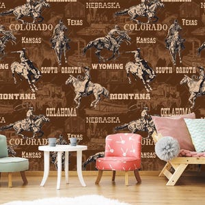 Carta da parati da cowboy del Texas scuro, murale rustico con cowboy e cavallo, autoadesiva, stacca e attacca, non tessuta
