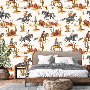 Carta da parati carina Texas Cowboy staccabile e attaccabile, carta da parati temporanea Desert Cactus, murale rustico Cowboy e cavallo, autoadesiva, non tessuta