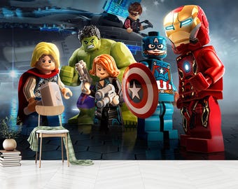 Murale da parete Avengers Lego, decorazione per la cameretta dei bambini con supereroi, stacca e attacca