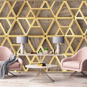 Gold and Wood Effect Wallpaper, 3D Gold Shape Wall Design, Bedroom Living Room Office Wall Decor, Self-Adhesive, Peel And Stick, Non-Woven