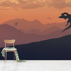 Carta da parati adesiva con motivo drago per bambini, carta da parati foresta per cameretta dei bambini, carta da parati montagna, autoadesiva, non tessuta