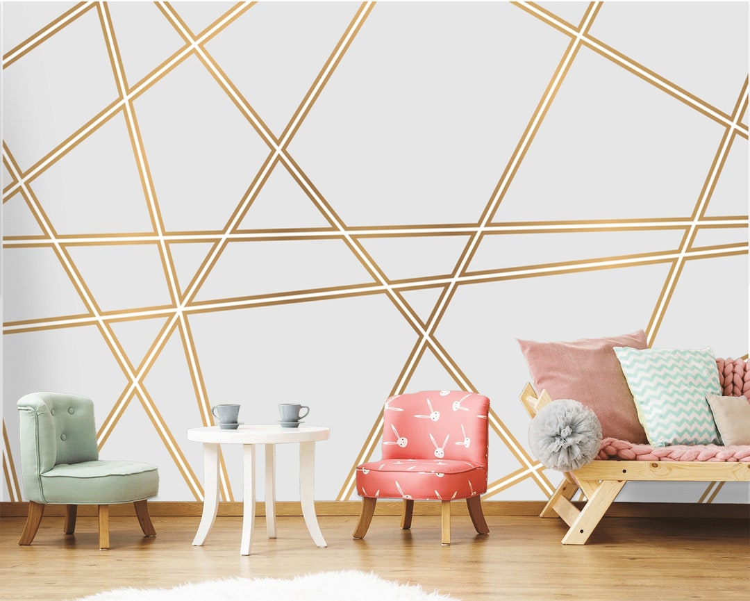 Gold Geometric Wallpaper Peel and Stick,golden Abstract Stripes Wall