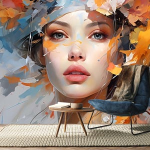 Abstract Female Face Wallpaper: Modern Watercolor Mural, Peel and Stick