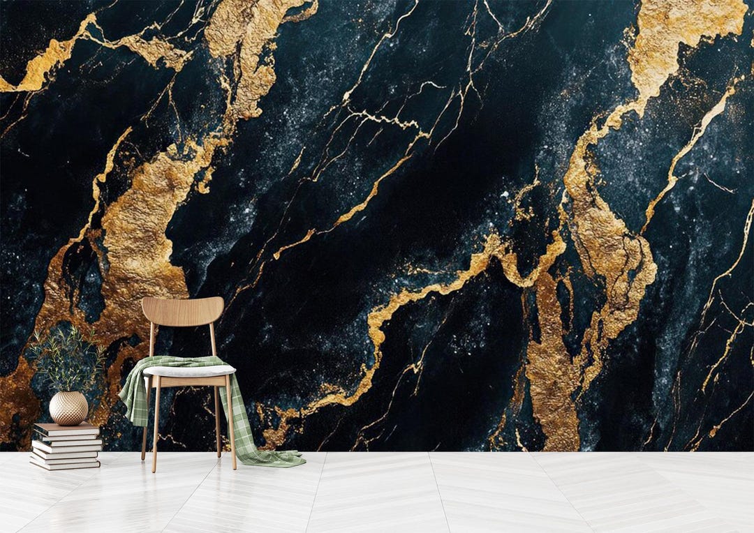 Dark Blue and Gold Marble Wallpaper: Modern Luxury Mural (self-adhesive ...