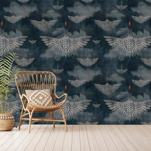 Vintage Crane Birds Wallpaper: Dark Chinese Wall Mural (Peel and Stick)