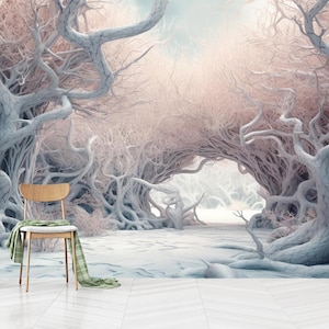Carta da parati autoadesiva Magic Forest, decorazione per cameretta dei bambini fantasy, stacca e attacca foresta invernale, autoadesiva, stacca e attacca, tessuto non tessuto