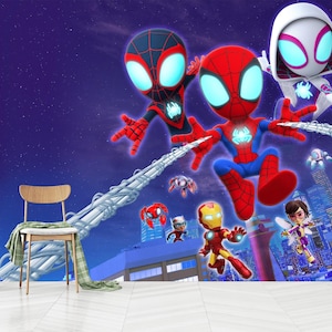 Spiderman Wallpaper for Kids Room,Spiderman With Friends Toddler Removable Wallpaper,Self Adhesive, Peel and Stick, Non-Woven