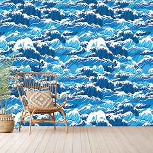 Ocean Waves Seamless Pattern Wallpaper, Japanese Big Wave Pattern, Ocean Waves,Blue Sea Wave,Self-Adhesive, Peel And Stick, Non-Woven