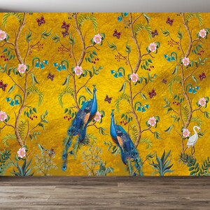 Gold Pfau Chinesische Tapete: Schälen und aufkleben Vinyl, Vlies