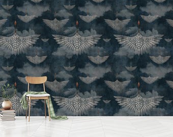 Vintage Crane Birds Wallpaper: Dark Chinese Wall Mural (Peel and Stick)