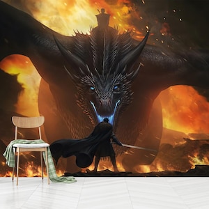 Night King And Dragon Jon Snow Wall Poster, Dragon Wall Art, Self Adhesive, Peel and Stick, Non-Woven