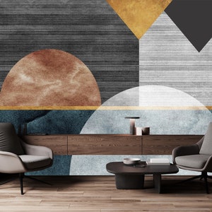 Decorazione murale con forme astratte geometriche, arte murale moderna, design murale retrò, autoadesivo, stacca e attacca, tessuto non tessuto