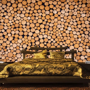 Wood Slice Print Wallpaper: Rustic Farmhouse Peel and Stick