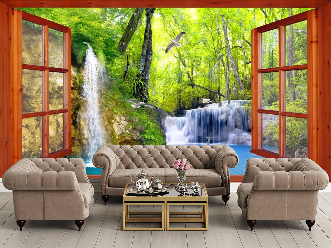 Waterfall Wall Decal 3D Window Effect View Wall Decal Window Frame