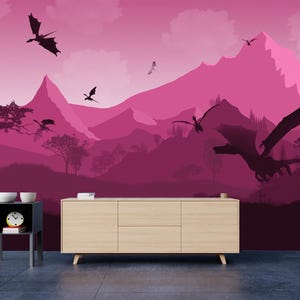 Carta da parati minimalista con drago delle Montagne Rosa, murale con drago per cameretta dei bambini, decorazione murale con drago, autoadesiva, staccabile e attaccabile, tessuto non tessuto