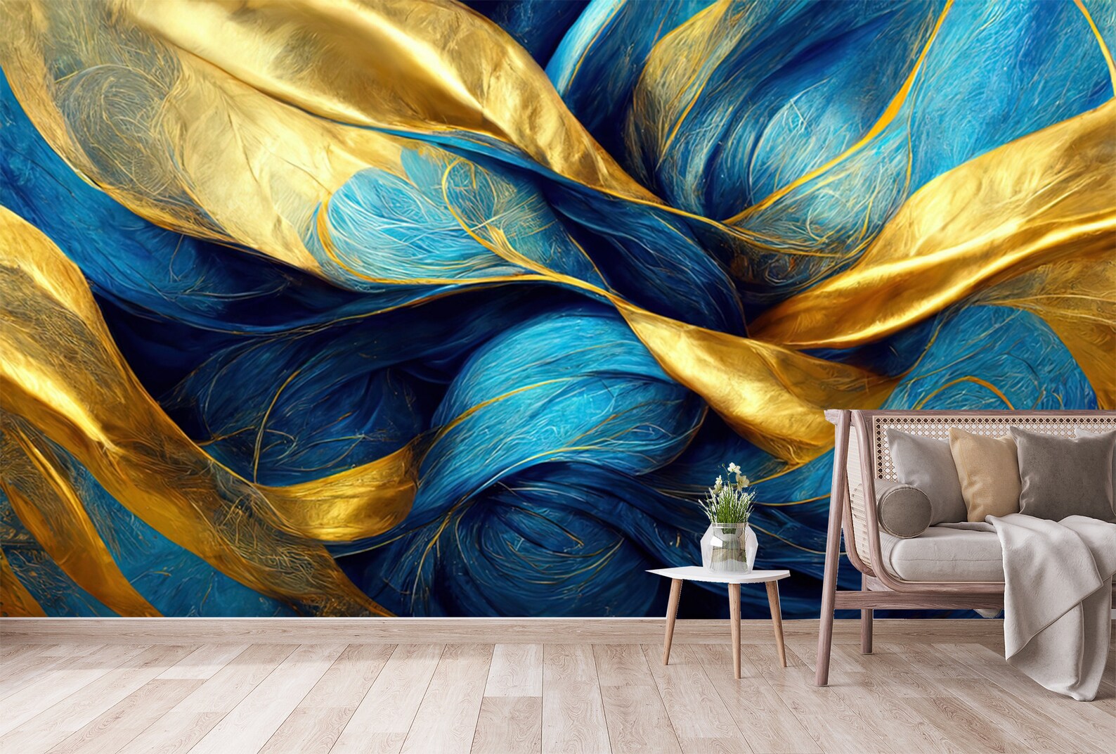 Blue and Gold Marble Wallpaper, Wavy Gold Wall Design, Vibrant Colors ...