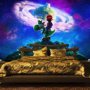May include: A bed with a brown wooden frame and a patterned comforter. The headboard features a mural of a starry sky with a planet and cartoon characters Mario and Yoshi. The comforter has a gold floral design.