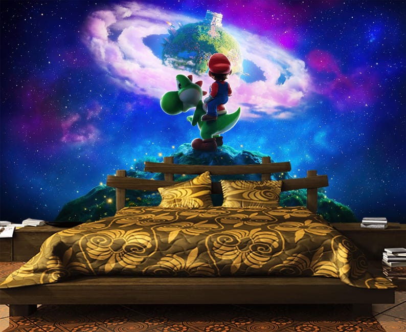 May include: A bed with a brown wooden frame and a patterned comforter. The headboard features a mural of a starry sky with a planet and cartoon characters Mario and Yoshi. The comforter has a gold floral design.