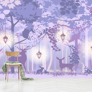 Fotomurale Foresta Viola, Scena Mistica del Bosco con Lanterne Luminose, Decorazione da Parete per Cameretta e Asilo Nido, Autoadesivo, Staccabile e Attaccabile, Tessuto Non Tessuto