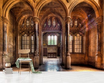 Architectural Gothic Wallpaper Peel-and-Stick, Antique Accent Wall Mural, Medieval Castle Interior