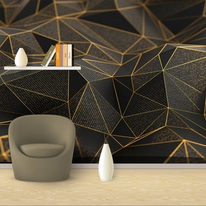 Gold Geometric Wallpaper,Triangle Wall Design,Office Wall Art, Living Room Stylish Design, Self-Adhesive, Peel And Stick, Non-Woven
