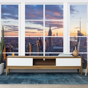 Carta da parati con vista sulla città, murale con vista finta sulla finestra, design da parete con aspetto grattacielo, autoadesiva, stacca e attacca, tessuto non tessuto
