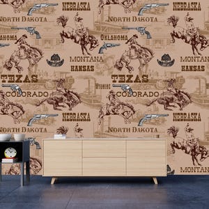 Carta da parati Texas Cowboy stacca e attacca, murale rustico Cowboy e cavallo, autoadesivo, stacca e attacca, tessuto non tessuto