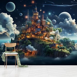 Princess Magic Castle Starry Night Sky Wallpaper, Nursery Wall Decor,Self-Adhesive, Peel And Stick, Non-Woven