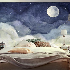 Starry Night Sky Watercolor Wall Mural,Stars Cloud Artwork for Home Decor,Dreamy Bedroom Feature,Self-Adhesive, Peel and Stick, Non-Woven
