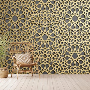 Gold Ornament,Persian Motif Wallpaper,Islamic Round Pattern Peel and Stick,Gold Arabic Icon Vector,Peel and Stick,Self-Adhesive,Non-Woven