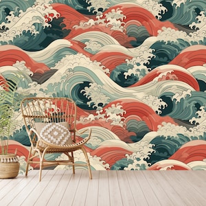 May include: A wallpaper mural featuring a repeating pattern of stylised waves in shades of blue, red, and cream. The waves are arranged in a cascading pattern, creating a sense of movement and depth.