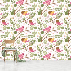 Papel tapiz de pájaros en el jardín, papel tapiz de pájaros y árboles para habitación infantil, papel tapiz de pájaros de dibujos animados para habitación infantil, autoadhesivo, despegar y pegar, no tejido