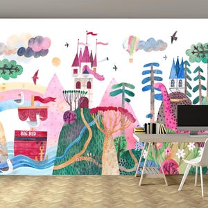 Carta da parati nordica per camerette dei bambini: murale con castello di Boat Woods, carta da parati in tessuto non tessuto staccabile e attaccabile