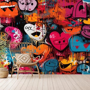 Carta da parati rosa graffiti con cuori per camera da letto per ragazze adolescenti, murale graffiti urbani per la stanza delle ragazze adolescenti, autoadesiva, stacca e attacca, tessuto non tessuto