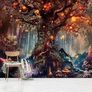 Fantasy Fairytale Forest Wallpaper,Kids Room Wall Decor,Glowing Plants Twinkling Magic Forest Murals, Self-Adhesive,Peel and Stick,Non-Woven