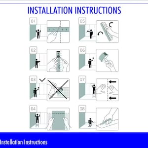 May include: Illustrated installation instructions with numbered steps. The steps show a person using tools like a spirit level, ruler, and smoothing tool. The title "INSTALLATION INSTRUCTIONS" is at the top, and the text "Installation Instructions" is at the bottom.
