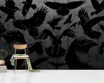 Gothic Wallpaper with Crows, Gloomy Wall Decor, Gothic Background, Peel and Stick