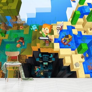 Minecraft Wandbild für Kinderzimmer, Minecraft Desing abziehen und aufkleben, Minecraft-Spielzimmer, selbstklebend, Vlies, Schälen und Aufkleben