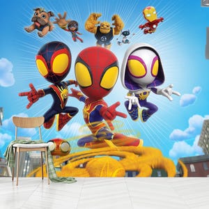 Spiderman Wall Mural for Kids Room,Spiderman With Friends Toddler Removable Wallpaper,Self Adhesive, Peel and Stick, Non-Woven