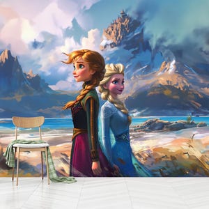 Princess Elsa and Anna Wallpaper, Frozen Princess Sisters Wallpaper, Elsa Kids Room, Self-Adhesive, Peel and Stick, Non-Woven