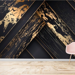 Black and Gold Abstract Wallpaper: Modern Peel and Stick Wall Decor