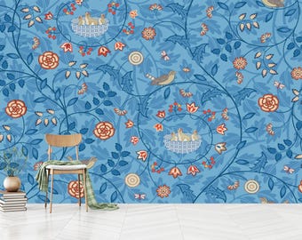 Papel pintado chinoiserie azul: estampado floral de pájaros, decoración asiática vintage