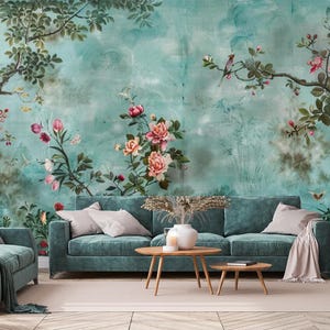 Vintage Chinoiserie Floral Wallpaper: Teal Birds, Peel and Stick Mural