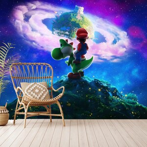 May include: A colourful wall mural depicting Mario riding Yoshi in a cosmic setting, with a floating island and a starry sky. A wicker chair with a cushion and a potted plant are in the foreground, adding a touch of realism.