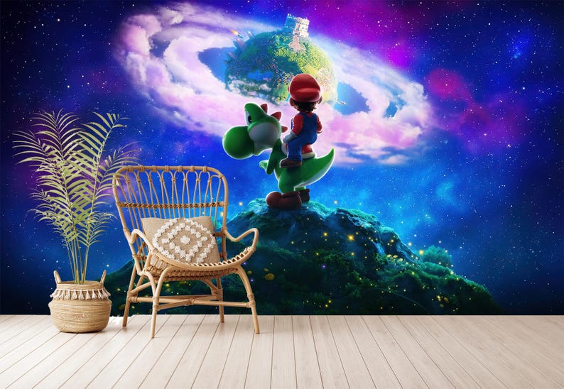 May include: A colourful wall mural depicting Mario riding Yoshi in a cosmic setting, with a floating island and a starry sky. A wicker chair with a cushion and a potted plant are in the foreground, adding a touch of realism.