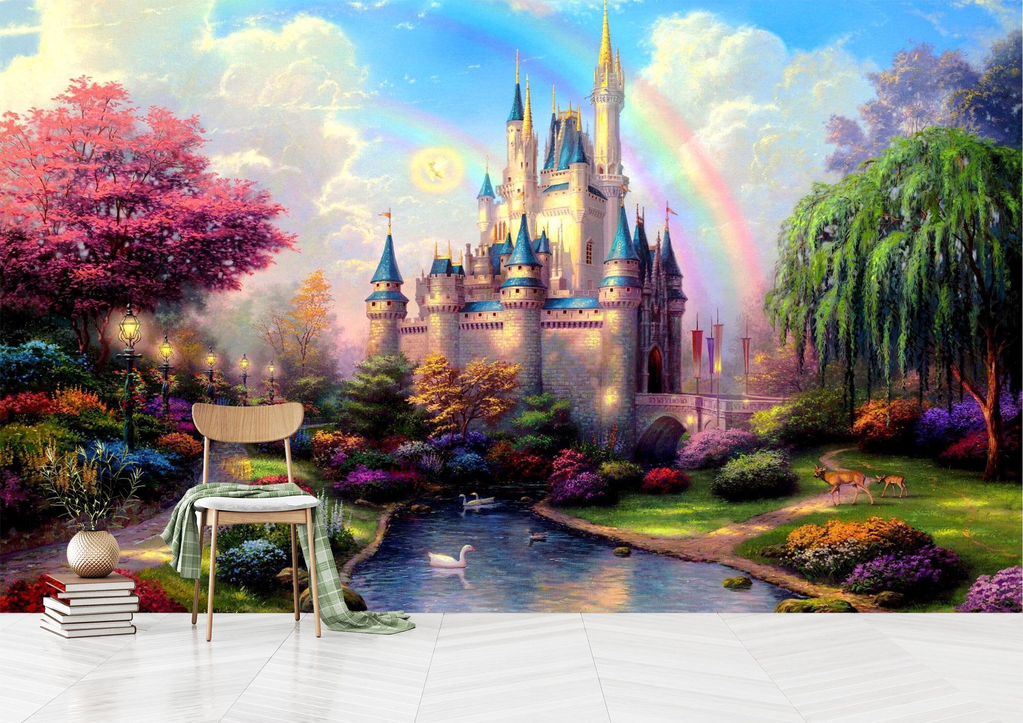 Pink Princess Castle Wallpaper Mural - Girls Room Decor, Peel and Stick ...
