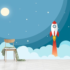 Kids Space Wallpaper: Rocket, Star, Moon - Peel & Stick Non-Woven