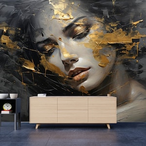 Black and Gold Female Portrait Wall Mural - Self-Adhesive Non-Woven